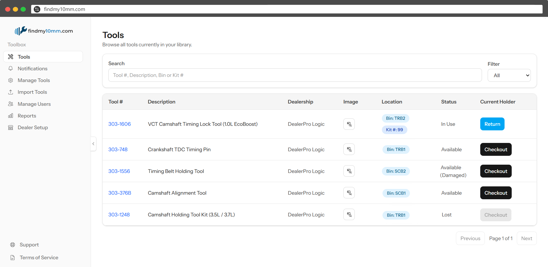 FindMy10mm tool tracking dashboard screenshot