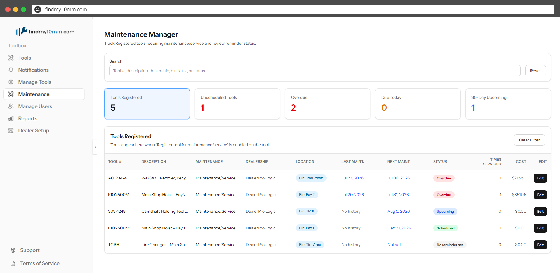 FindMy10mm Maintenance Manager dashboard